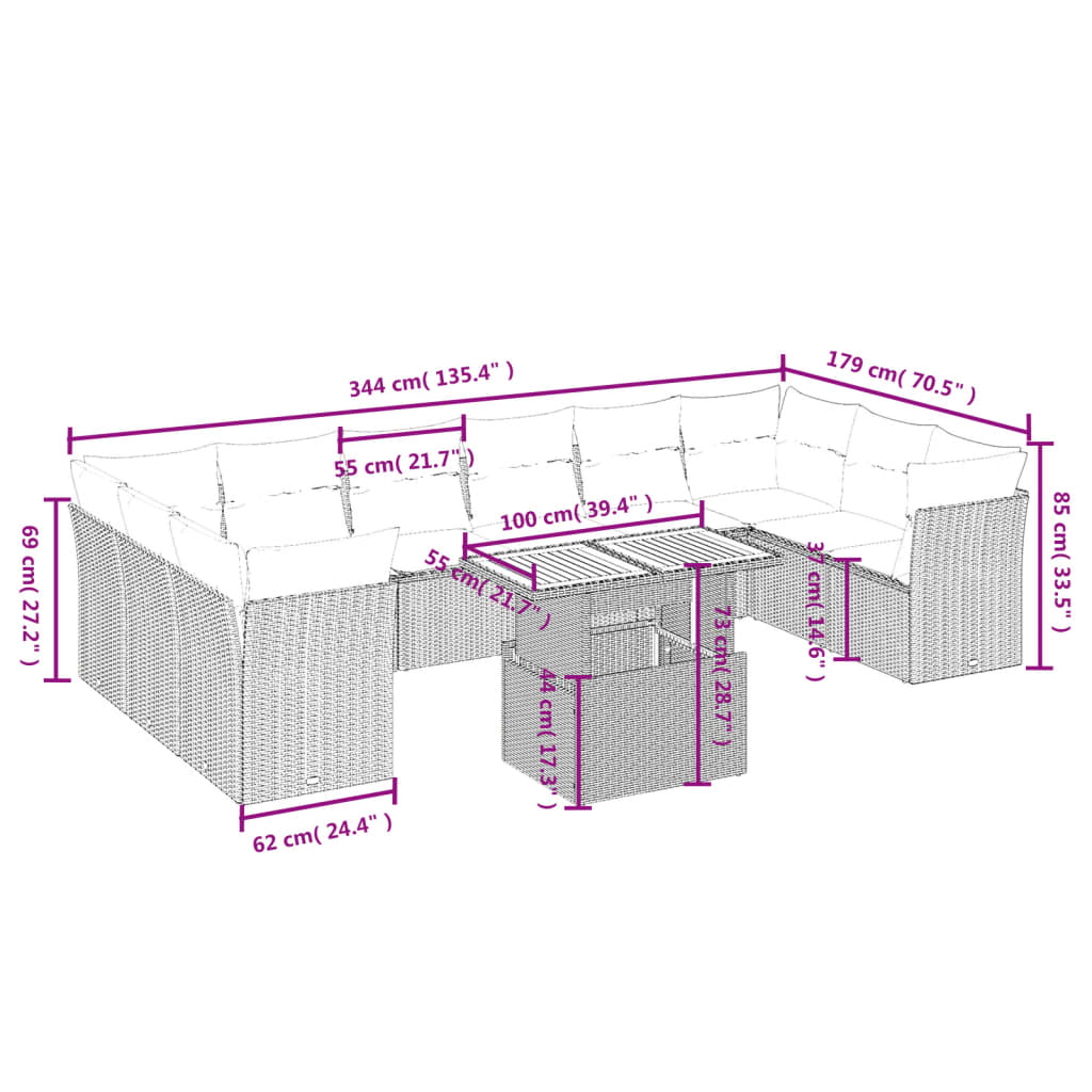 Set Divani da Giardino 11 pz con Cuscini in Polyrattan Nero | homemem39