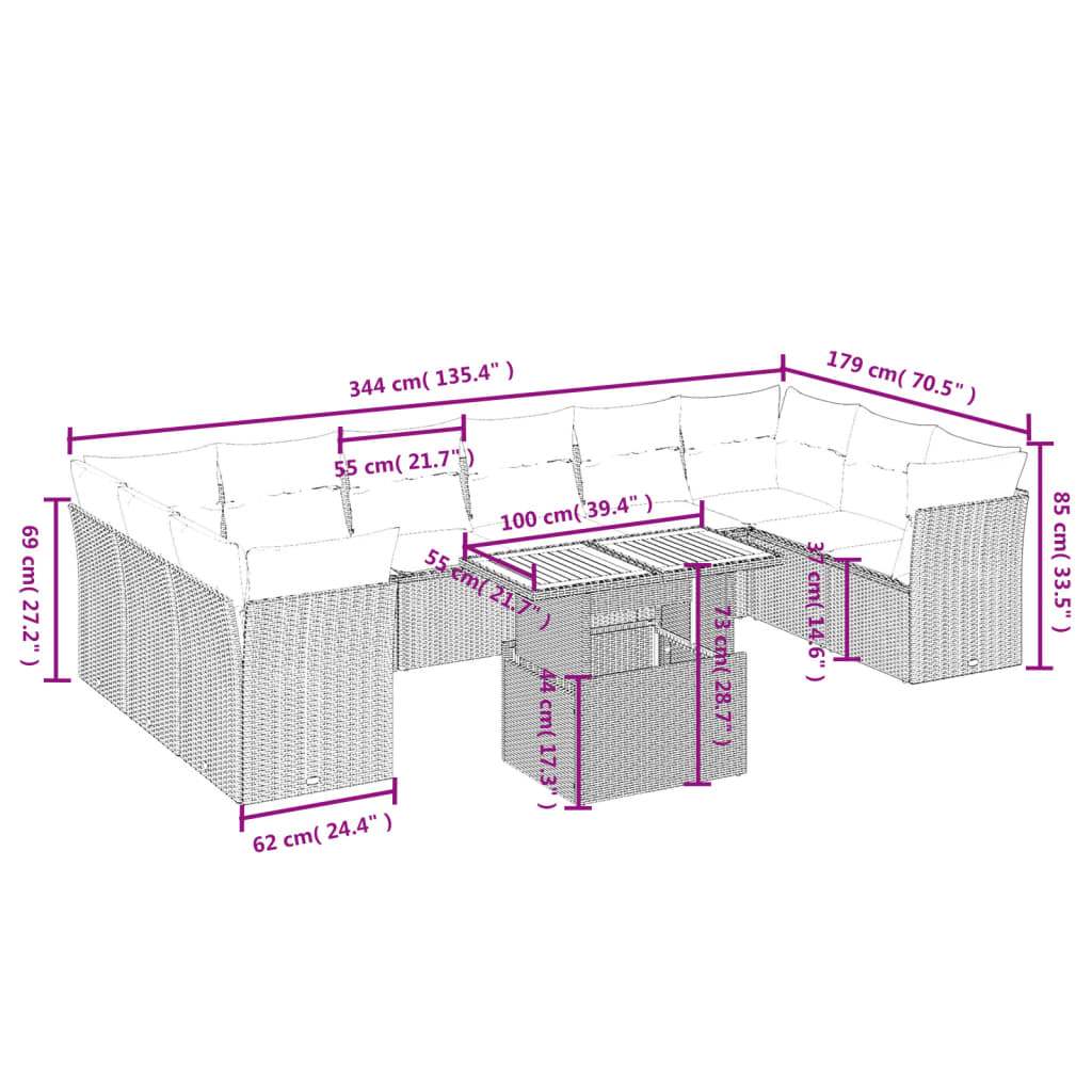 Set Divani da Giardino 11 pz con Cuscini in Polyrattan Nero | homemem39