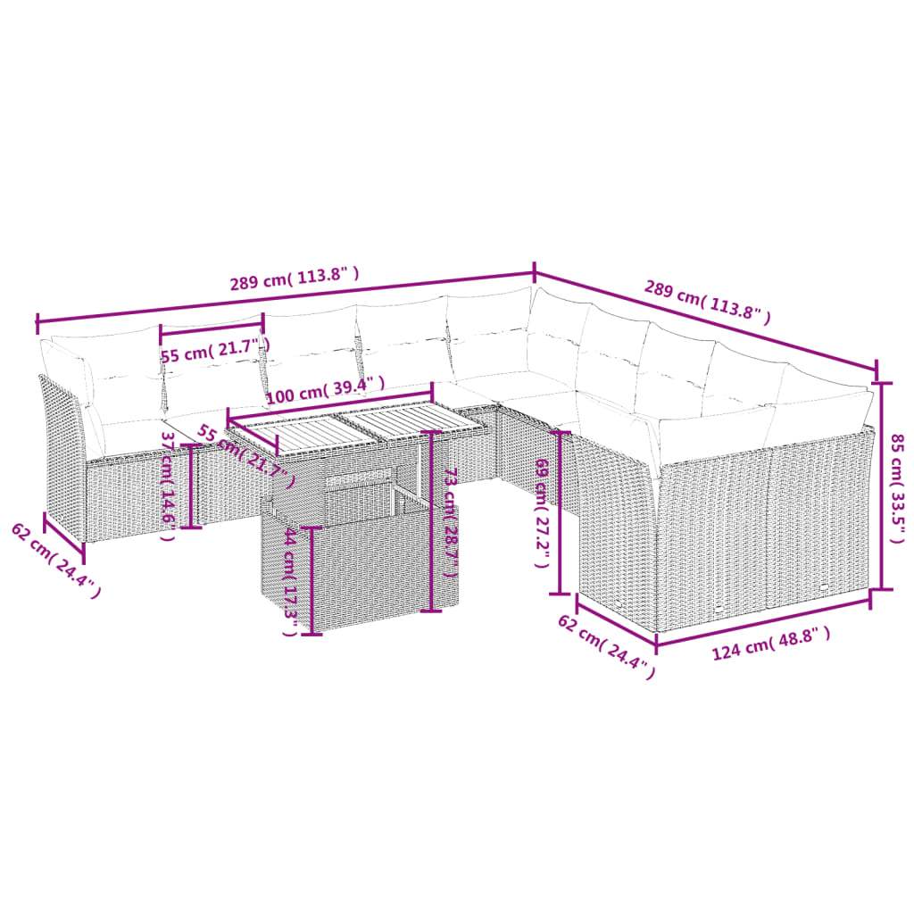 Set Divani da Giardino 11 pz con Cuscini in Polyrattan Grigio | homemem39