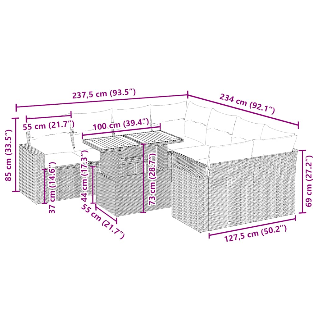 Set Divano da Giardino 9 pz con Cuscini Beige in Polyrattan | homemem39