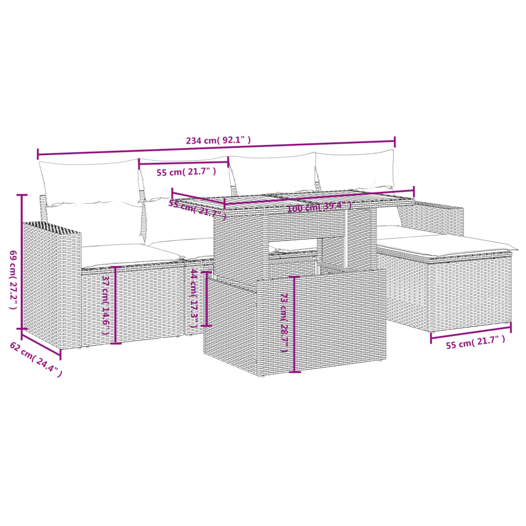 Set Divano da Giardino 6 pz con Cuscini Grigio in Polyrattan | homemem39