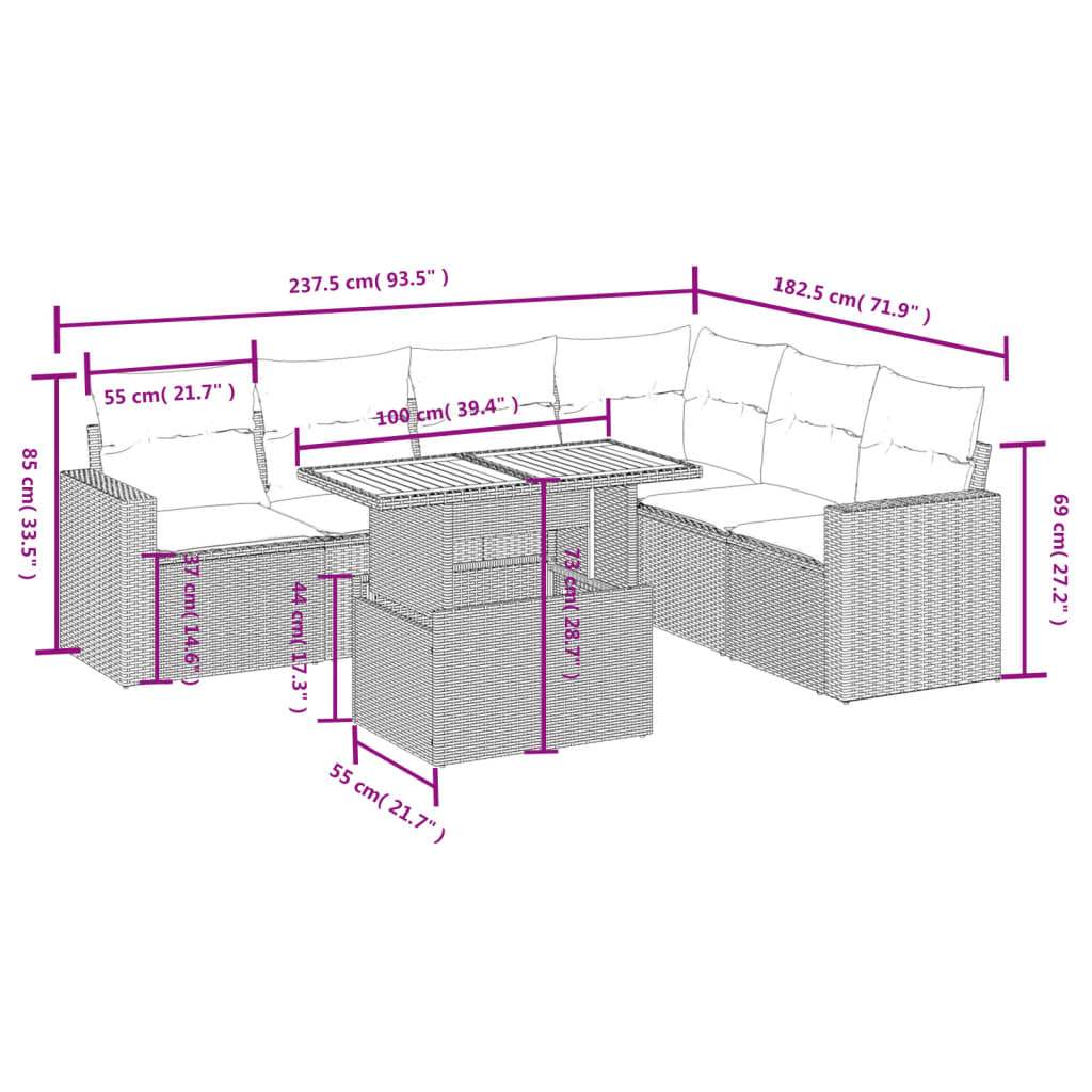 Set Divani da Giardino 7 pz con Cuscini Grigio in Polyrattan | homemem39