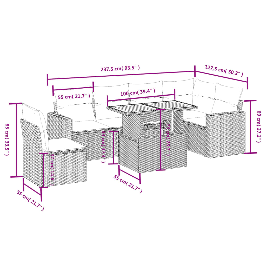 Set Divani da Giardino 7 pz con Cuscini Beige in Polyrattan