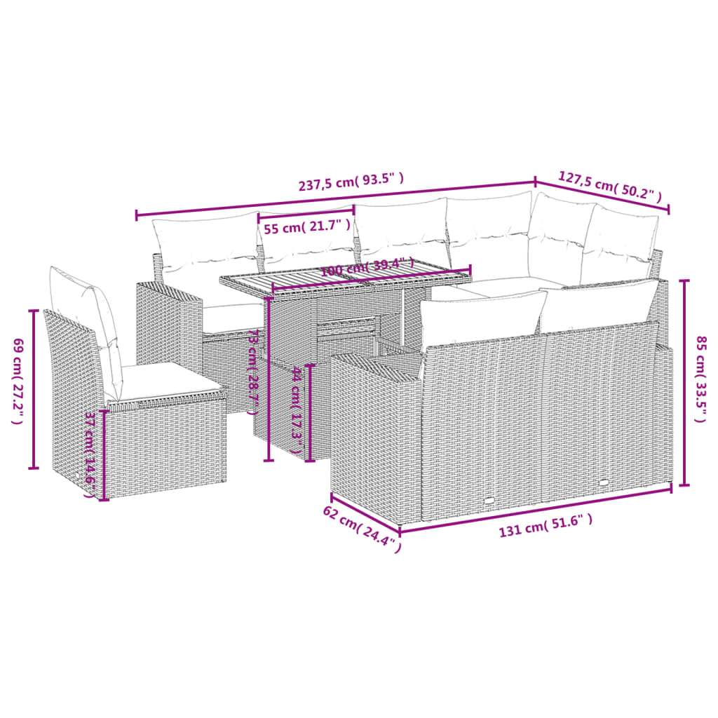 Set Divani da Giardino 9 pz con Cuscini Nero in Polyrattan | homemem39