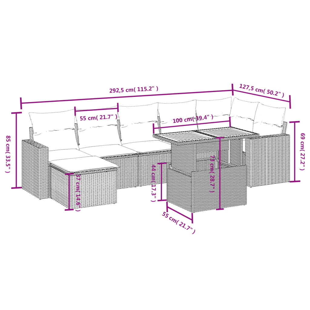 Set Divani da Giardino con Cuscini 8 pz Nero in Polyrattan | homemem39