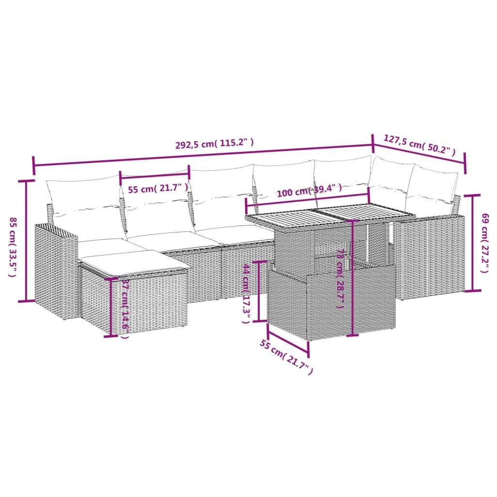Set Divano da Giardino 8 pz con Cuscini Beige in Polyrattan