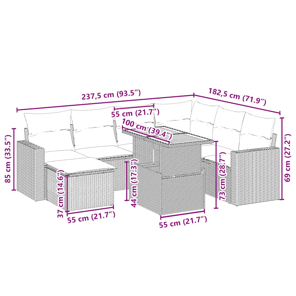 Set Divano da Giardino 8 pz con Cuscini Beige in Polyrattan | homemem39