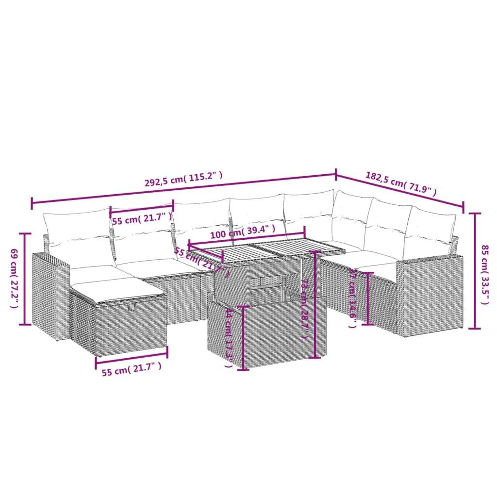 Set Divani da Giardino 9 pz con Cuscini Nero in Polyrattan | homemem39