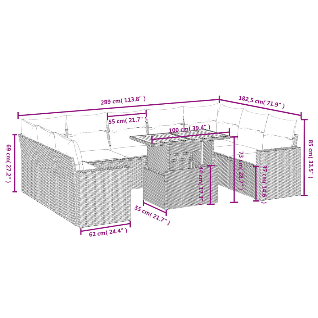 Set Divano da Giardino 10 pz con Cuscini Grigio in Polyrattan