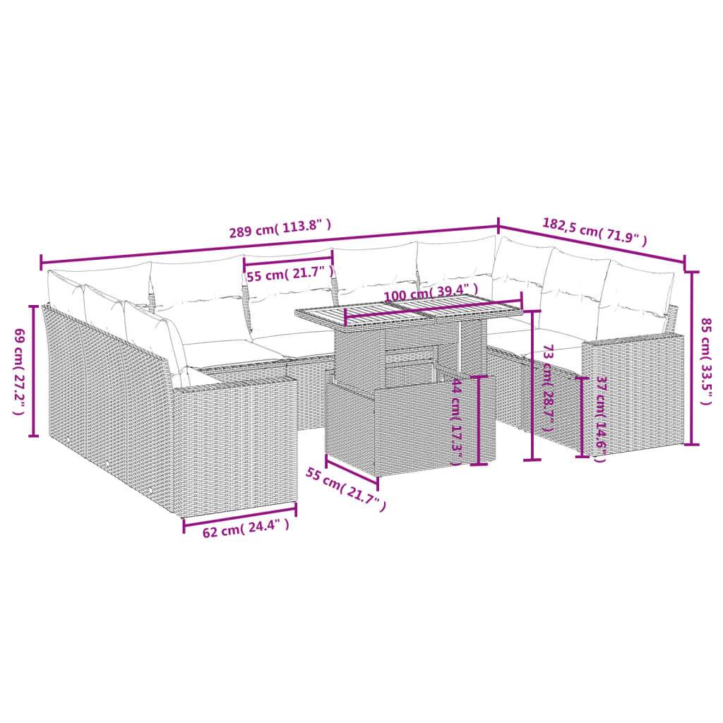 Set Divano da Giardino 10 pz con Cuscini Grigio in Polyrattan | homemem39