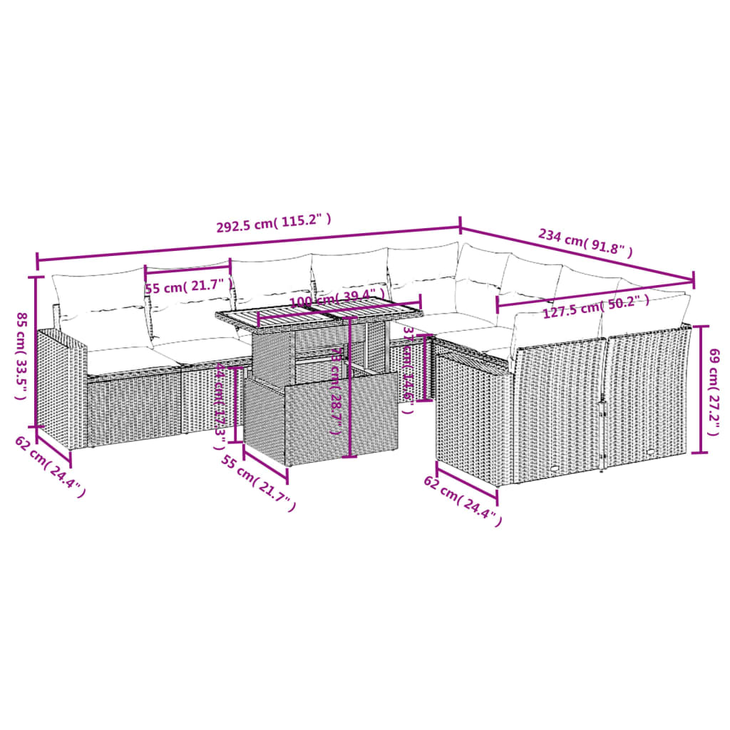 Set Divano da Giardino 10 pz con Cuscini Grigio in Polyrattan | homemem39