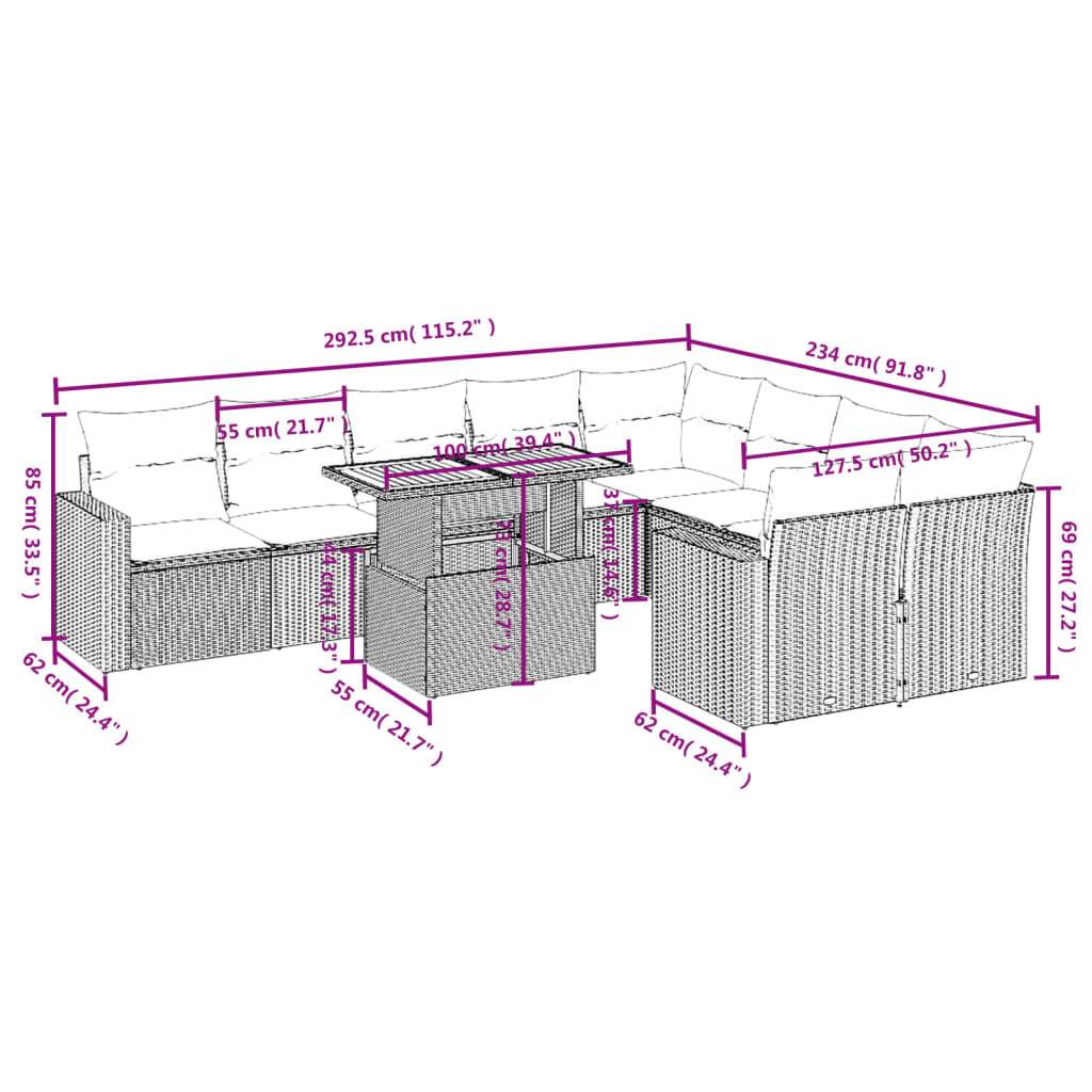 Set Divano da Giardino 10 pz con Cuscini Grigio in Polyrattan