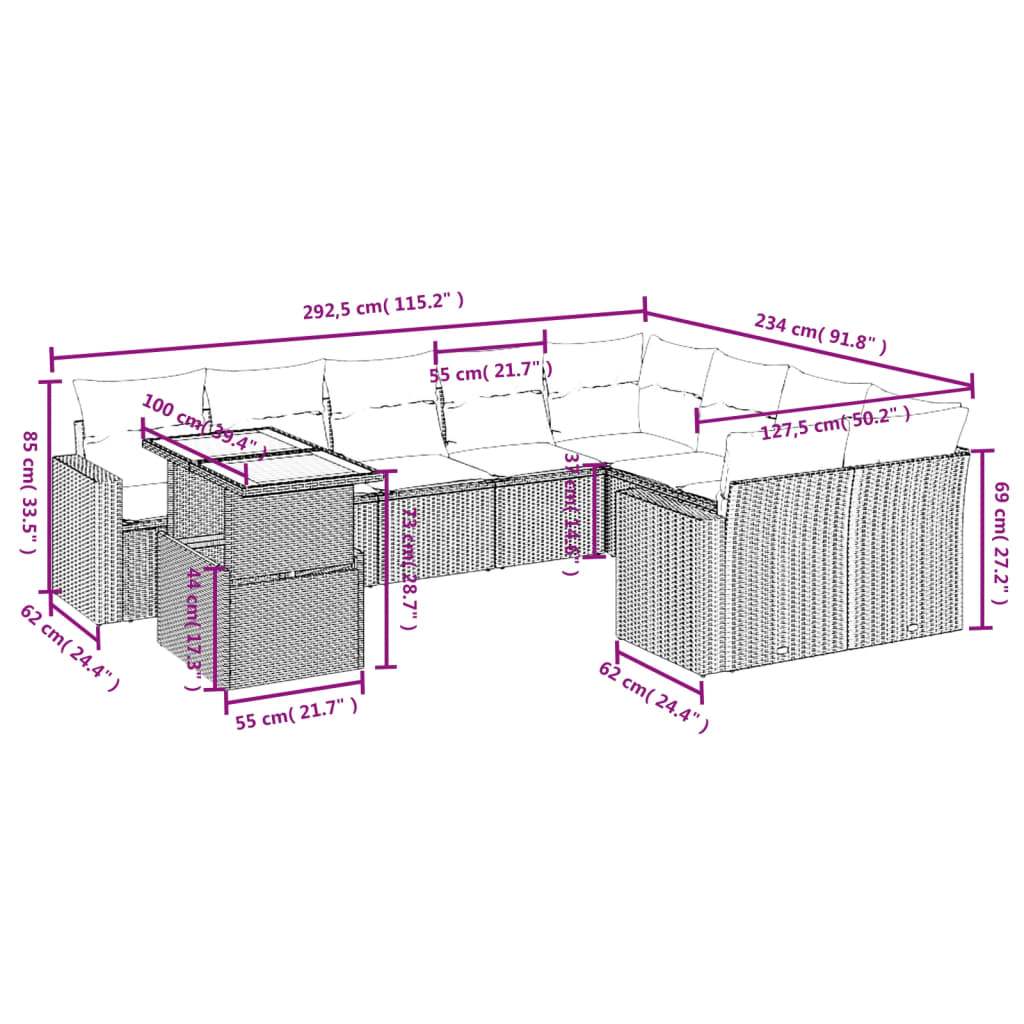 Set Divani da Giardino 10pz con Cuscini in Polyrattan Nero