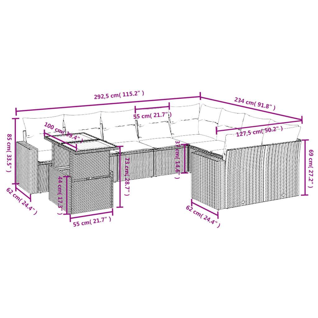 Set Divano da Giardino 10 pz con Cuscini Grigio in Polyrattan | homemem39