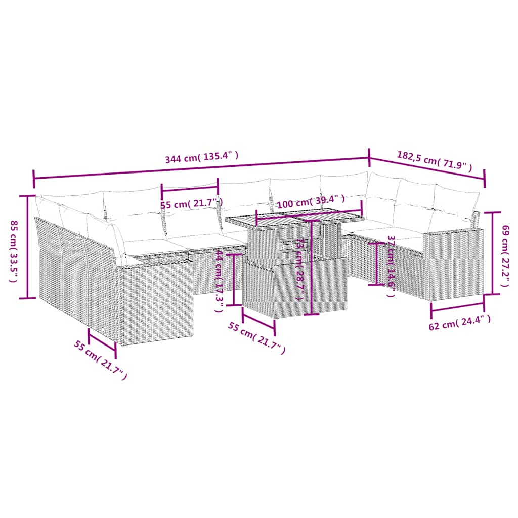 Set Divani da Giardino 11 pz con Cuscini in Polyrattan Nero