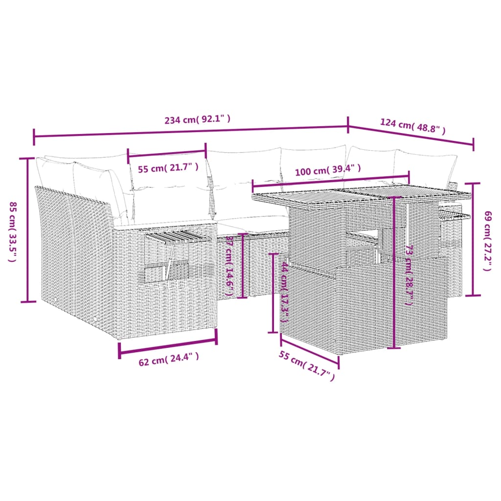 Set Divani da Giardino 7 pz con Cuscini Grigio in Polyrattan | homemem39