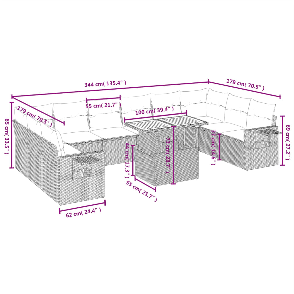 Set Divani da Giardino 11 pz con Cuscini in Polyrattan Nero | homemem39