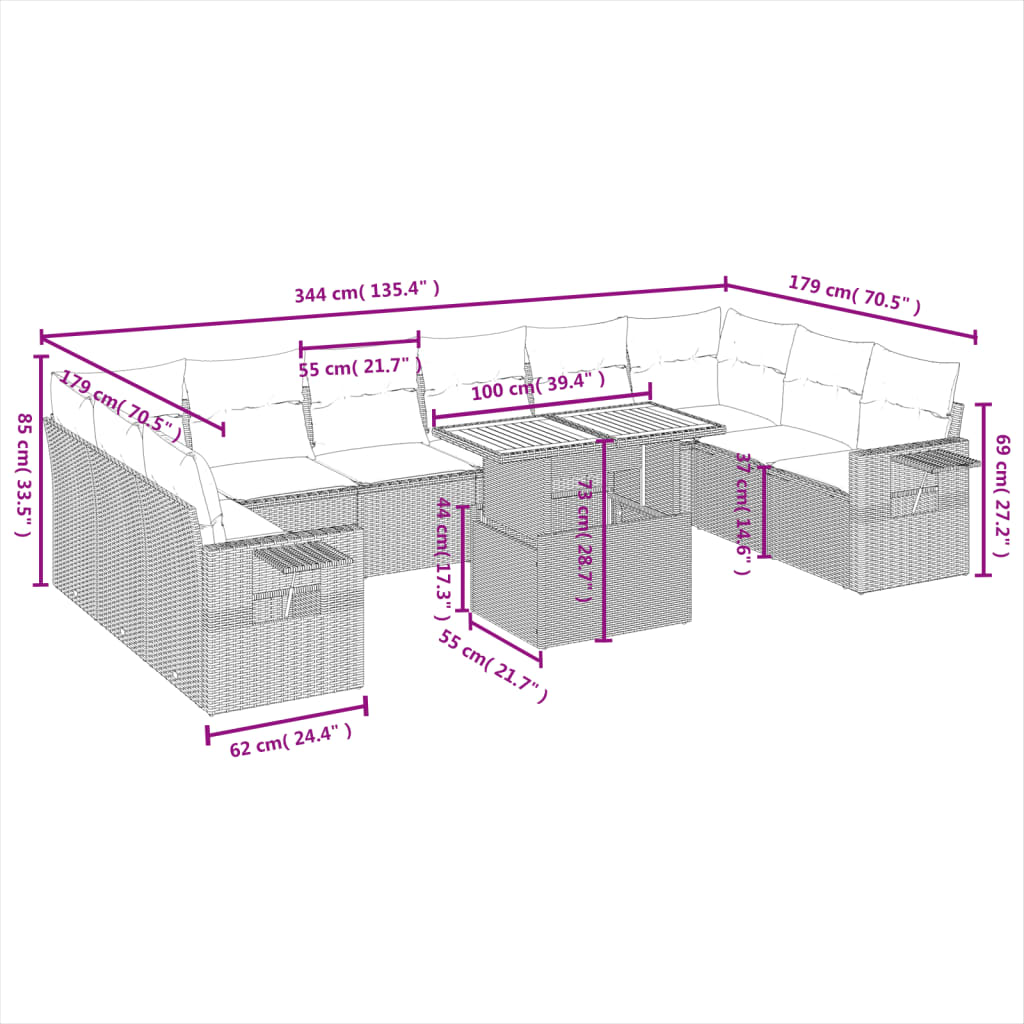 Set Divani da Giardino 11 pz con Cuscini in Polyrattan Nero | homemem39
