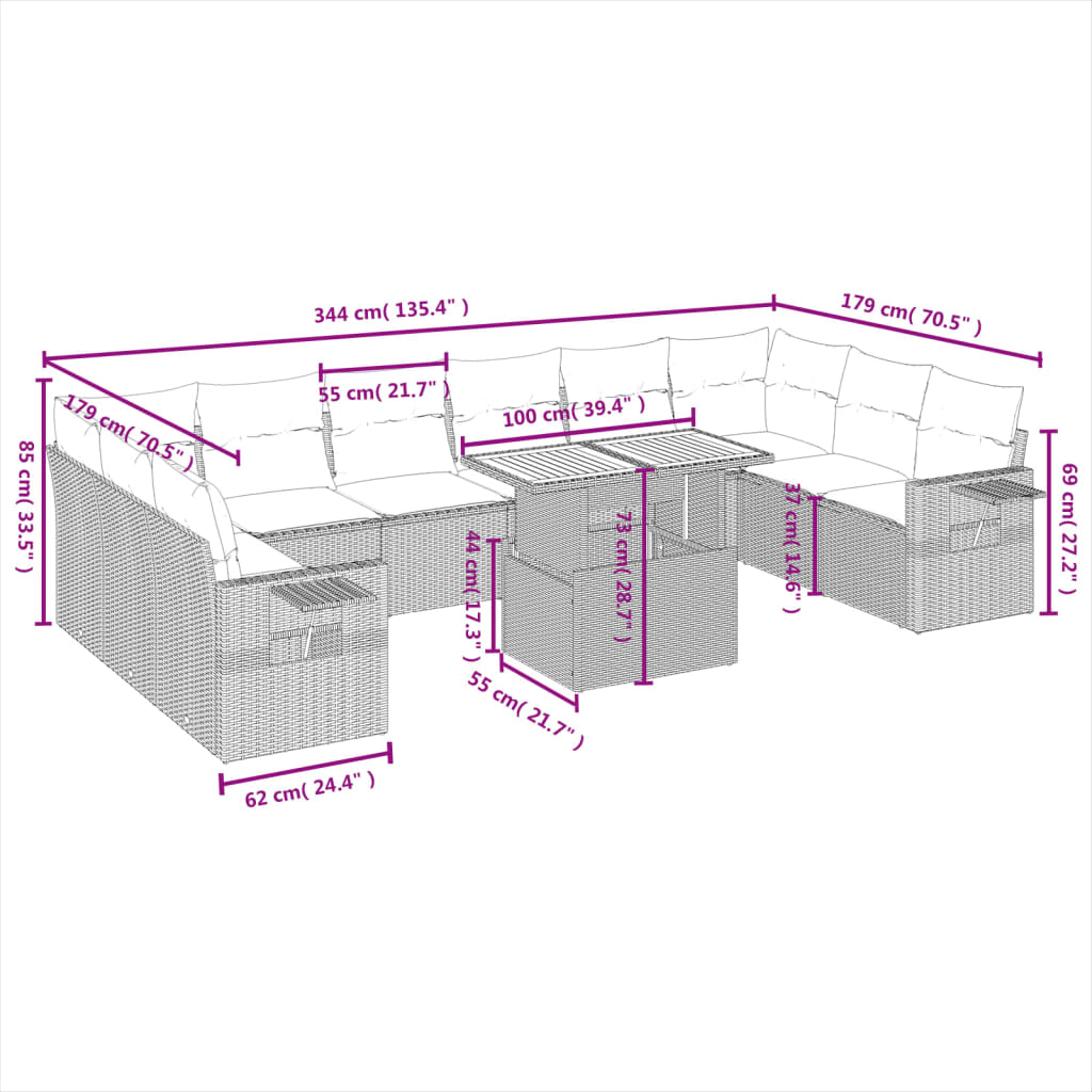 Set Divani da Giardino 11 pz con Cuscini in Polyrattan Grigio | homemem39