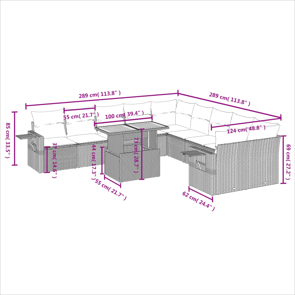 Set Divani da Giardino 11 pz con Cuscini in Polyrattan Nero | homemem39