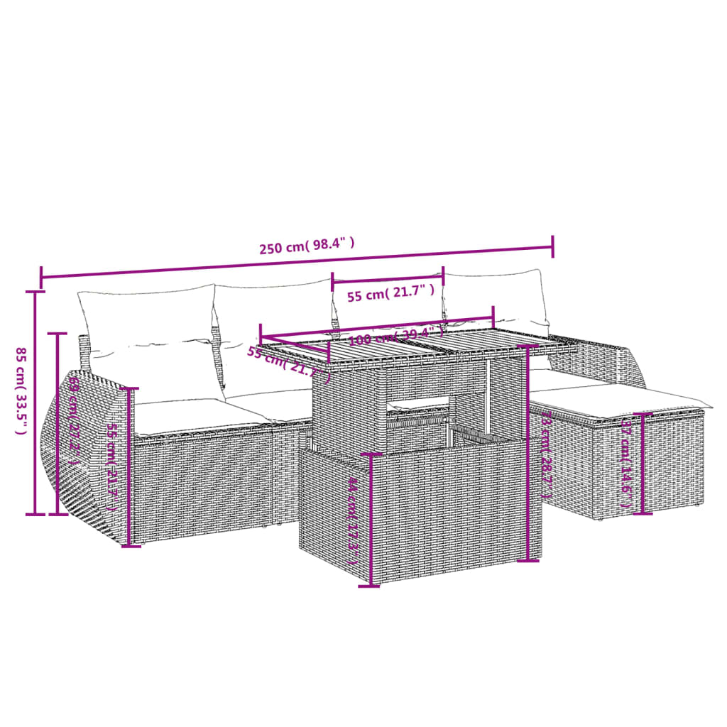 Set Divano da Giardino 6 pz con Cuscini Grigio in Polyrattan | homemem39