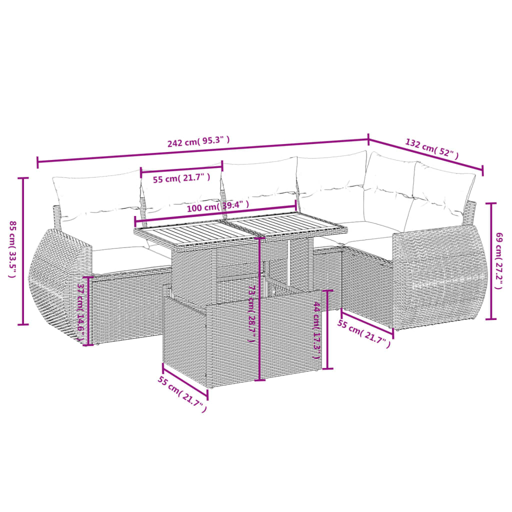 Set Divano da Giardino 6 pz con Cuscini Nero in Polyrattan | homemem39