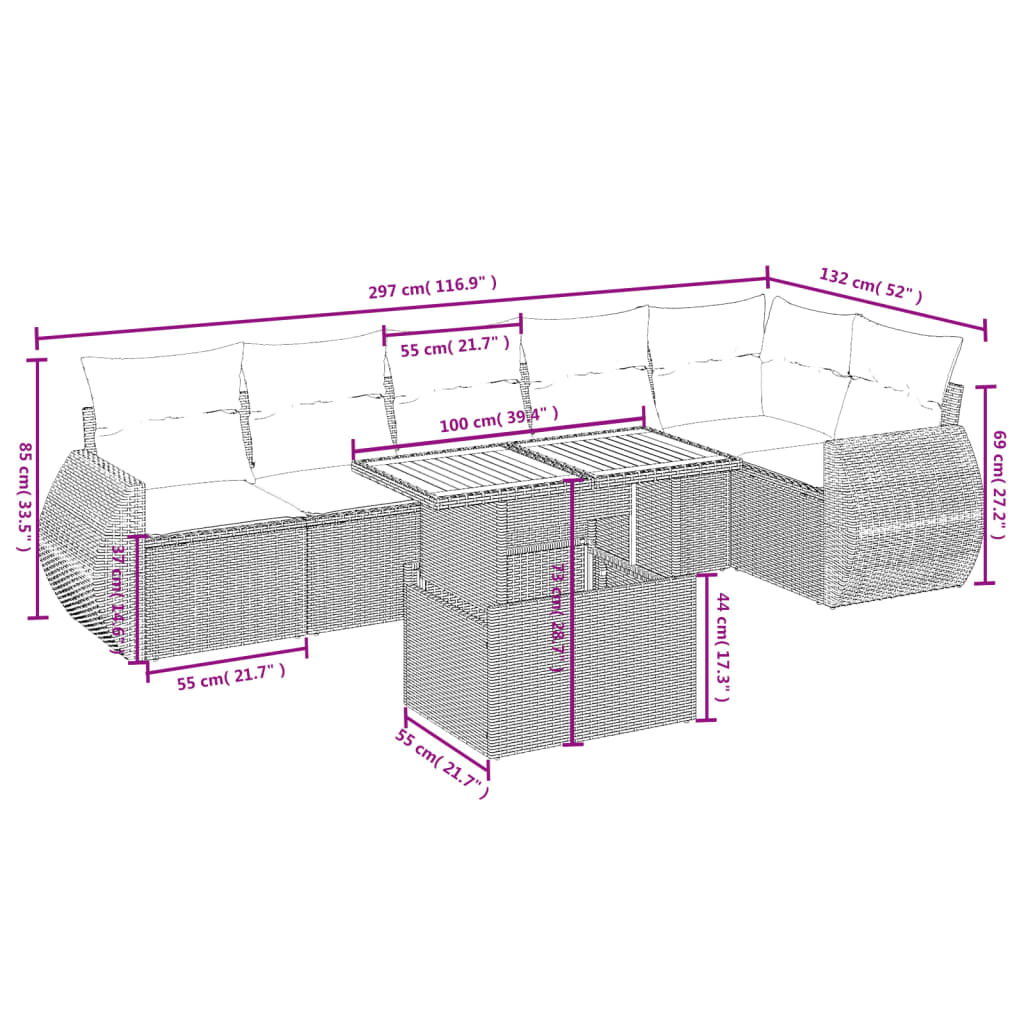 Set Divani da Giardino 7 pz con Cuscini Grigio in Polyrattan | homemem39