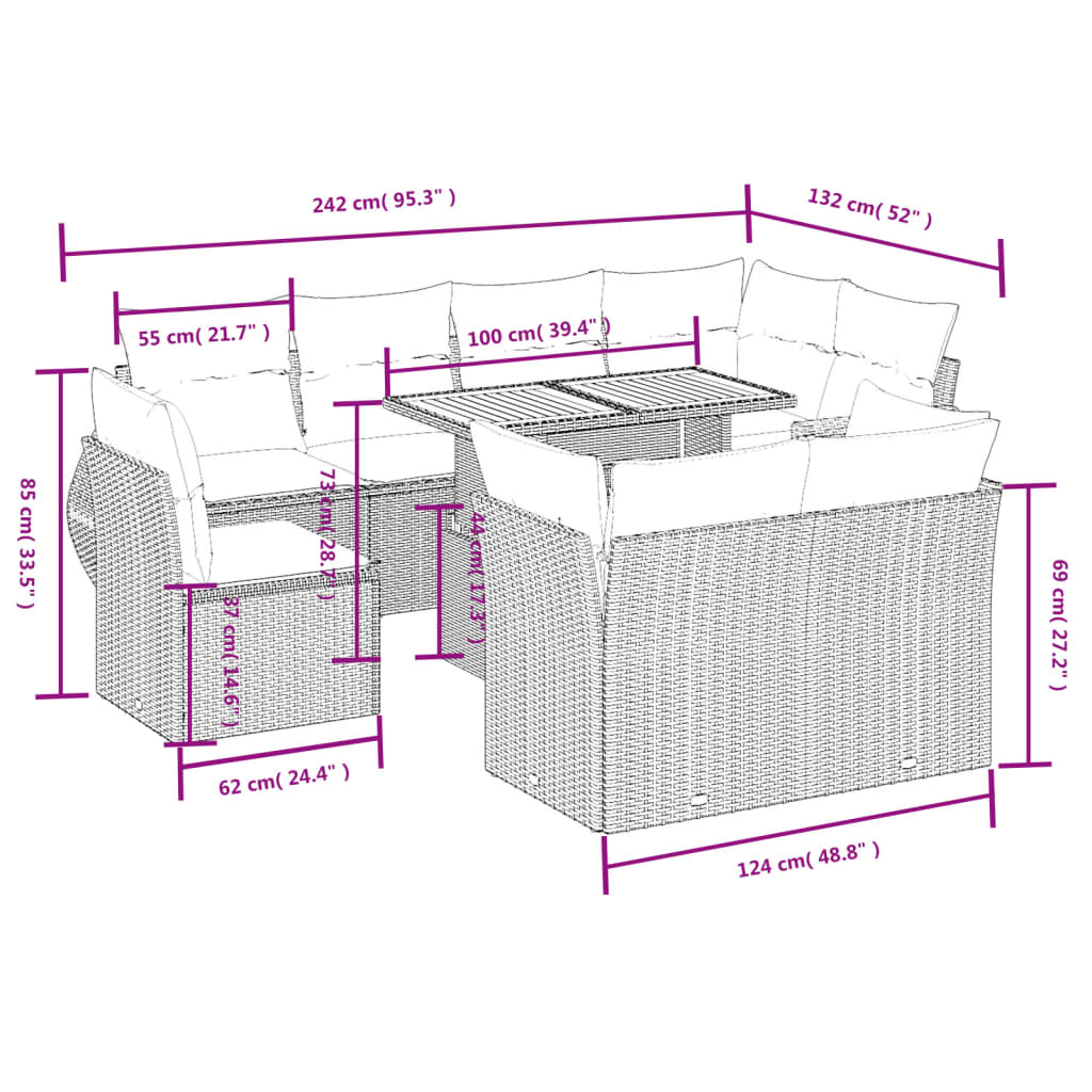 Set Divano da Giardino 9 pz con Cuscini Beige in Polyrattan | homemem39