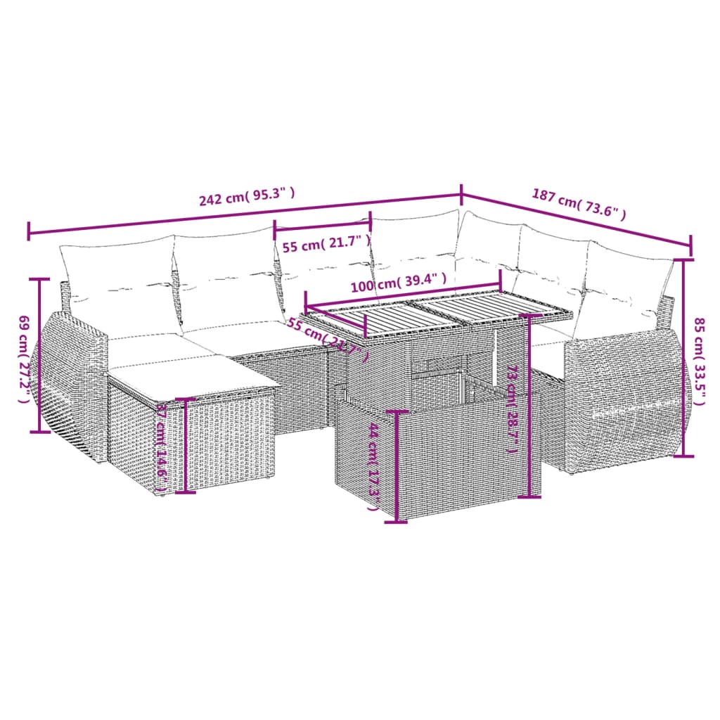Set Divano da Giardino 8 pz con Cuscini Beige in Polyrattan | homemem39