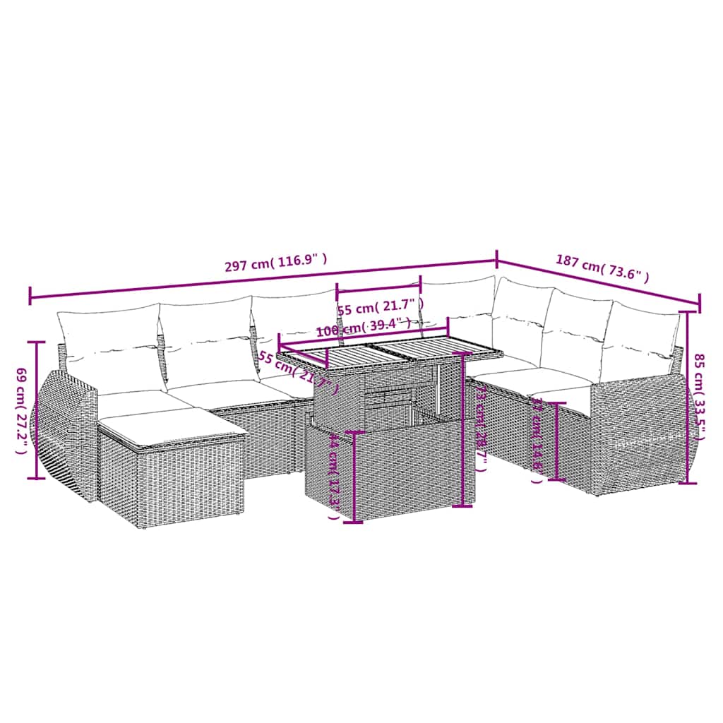 Set Divani da Giardino 9 pz con Cuscini Nero in Polyrattan | homemem39