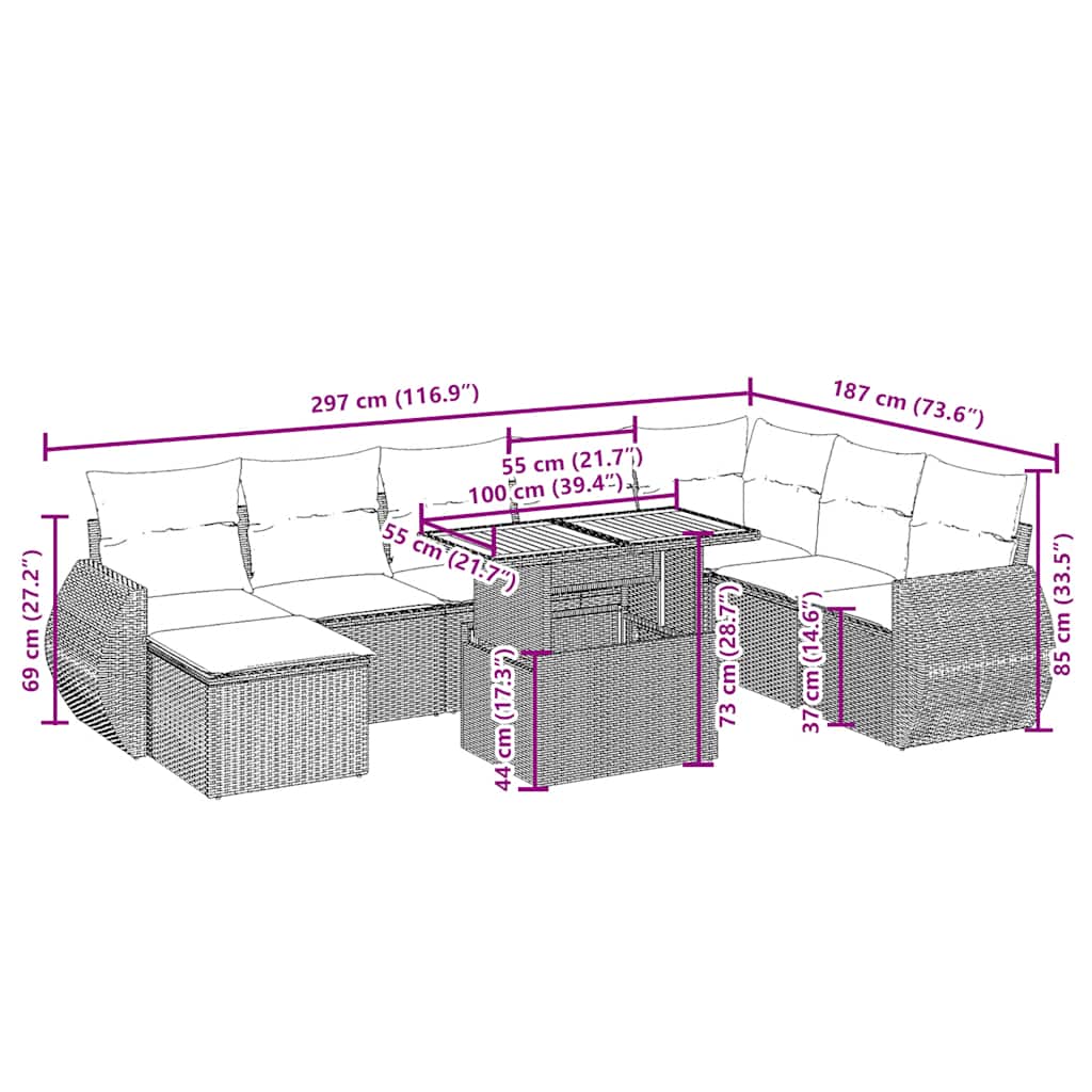 Set Divano da Giardino 9 pz con Cuscini Beige in Polyrattan | homemem39
