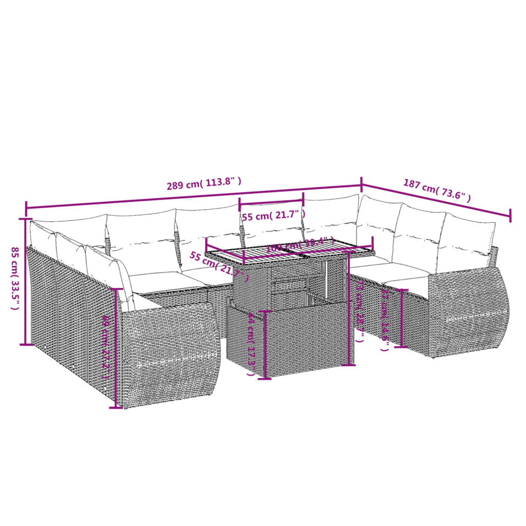 Set Divani da Giardino 10pz con Cuscini in Polyrattan Nero | homemem39