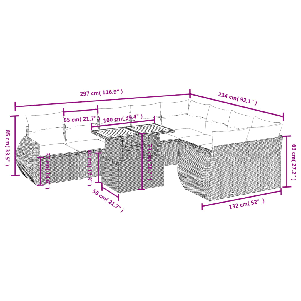 Set Divani da Giardino 10pz con Cuscini in Polyrattan Nero | homemem39
