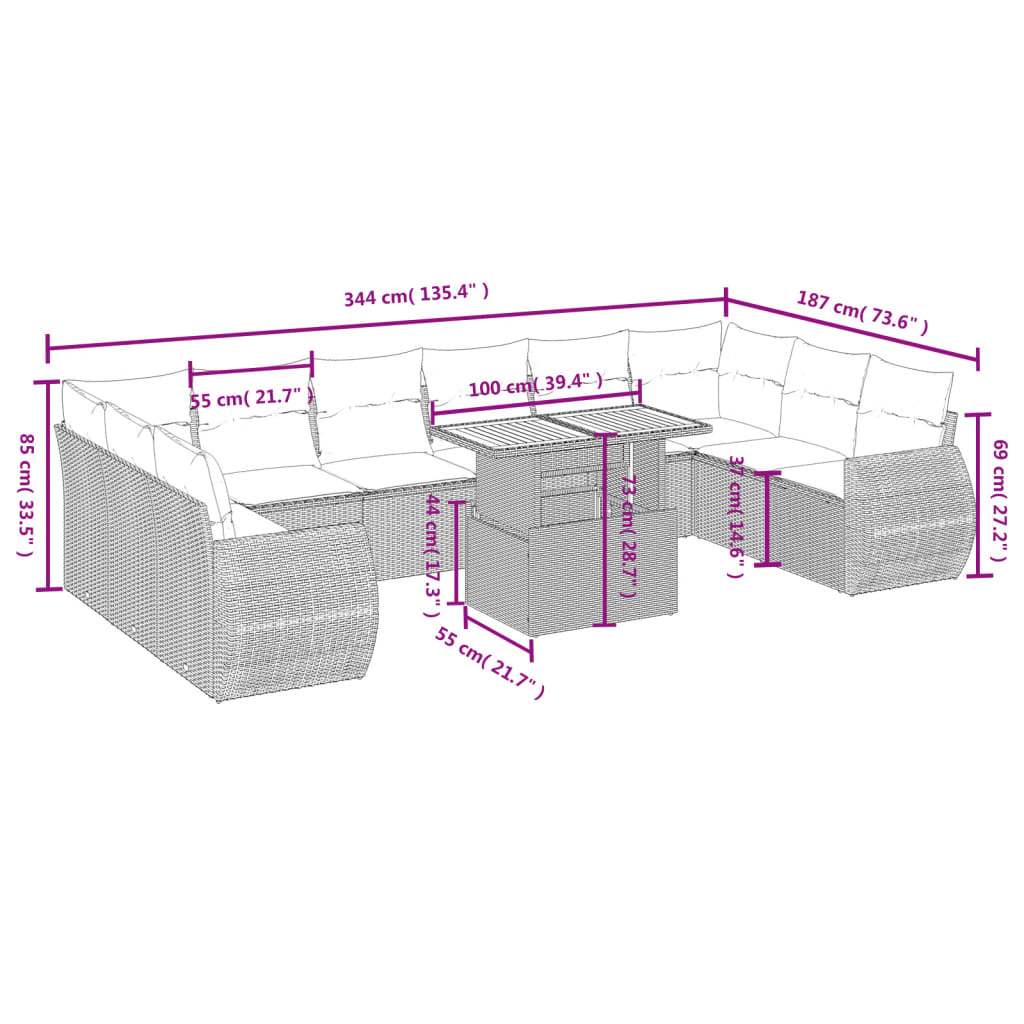 Set Divani da Giardino 11 pz con Cuscini in Polyrattan Nero | homemem39