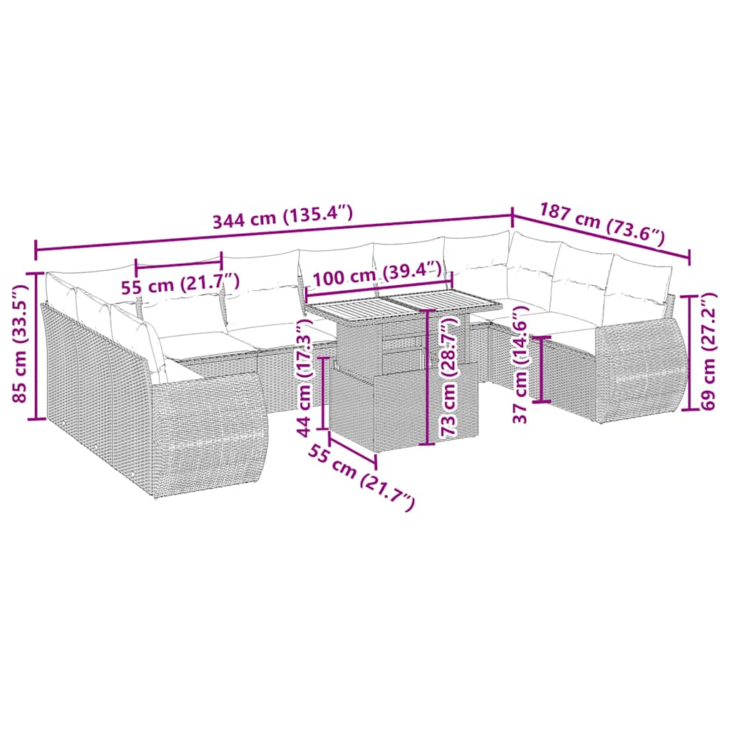 Set Divani da Giardino 11 pz con Cuscini Beige in Polyrattan | homemem39