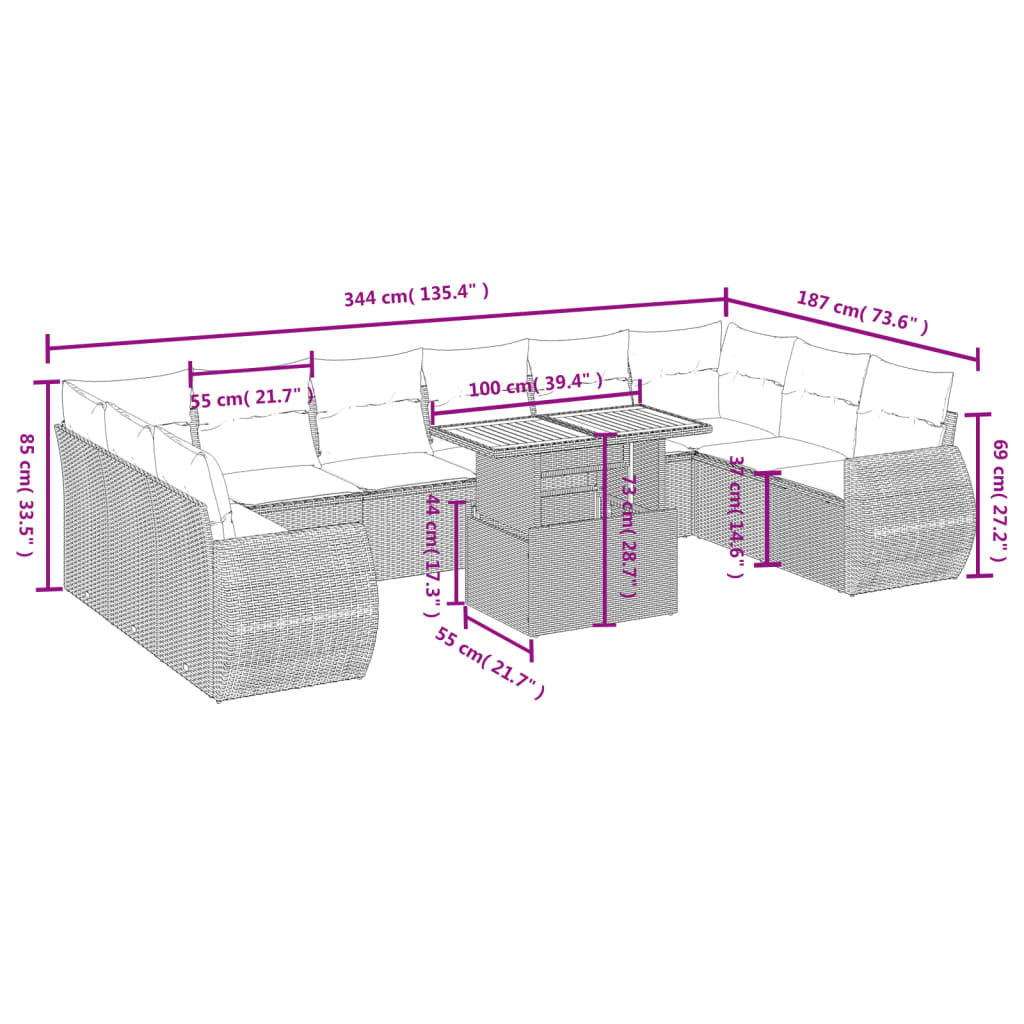 Set Divani da Giardino 11 pz con Cuscini Beige in Polyrattan