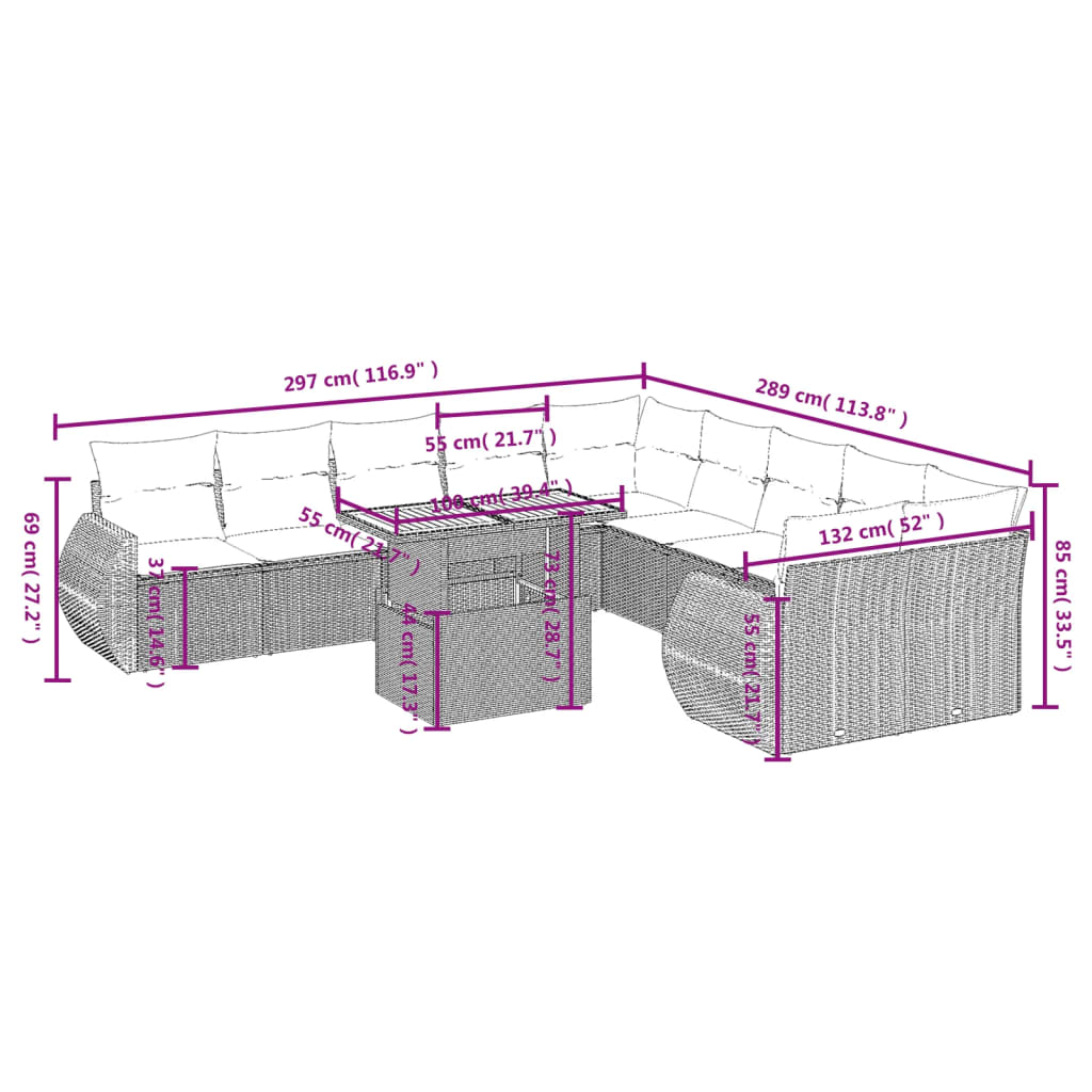 Set Divani da Giardino 11 pz con Cuscini in Polyrattan Nero | homemem39