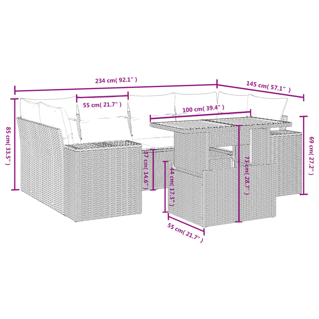 Set Divani da Giardino 7 pz con Cuscini Grigio in Polyrattan | homemem39