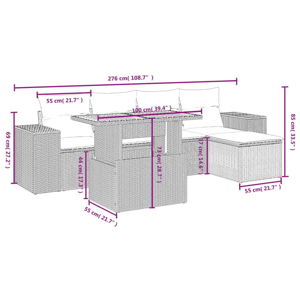 Set Divano da Giardino 6 pz con Cuscini Grigio in Polyrattan | homemem39