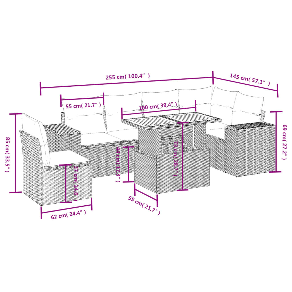 Set Divani da Giardino con Cuscini 7pz Nero Polyrattan