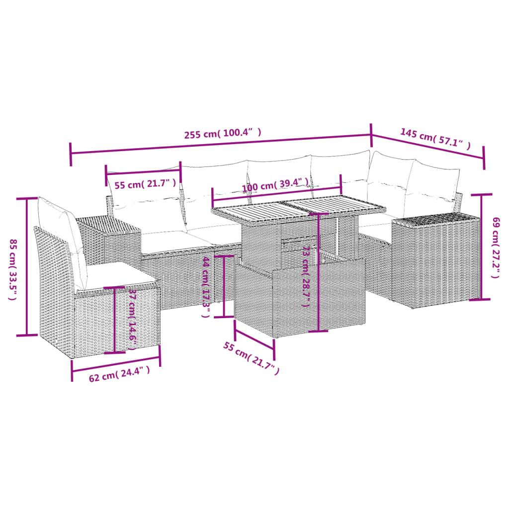 Set Divani da Giardino 7 pz con Cuscini Grigio in Polyrattan