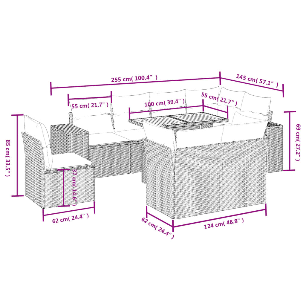 Set Divani da Giardino 9 pz con Cuscini Nero in Polyrattan | homemem39
