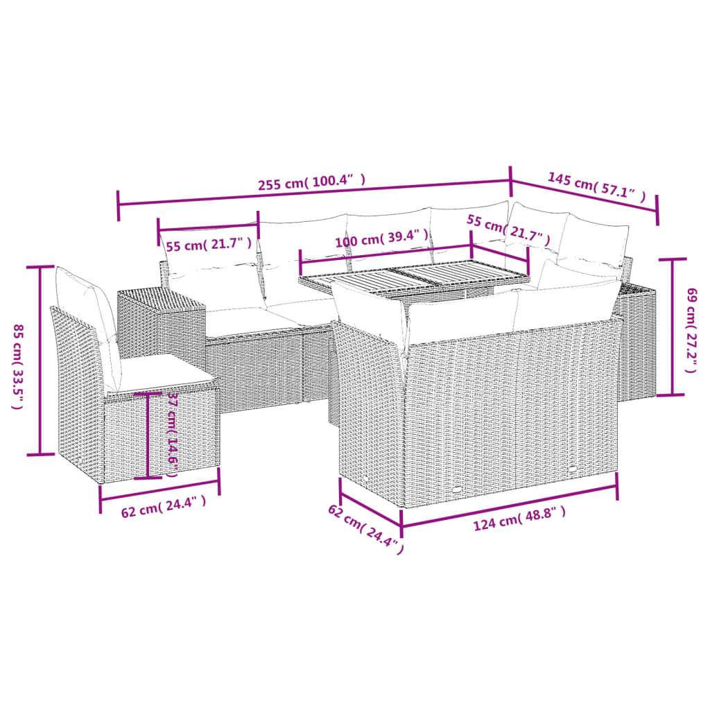 Set Divano da Giardino 9 pz con Cuscini Beige in Polyrattan