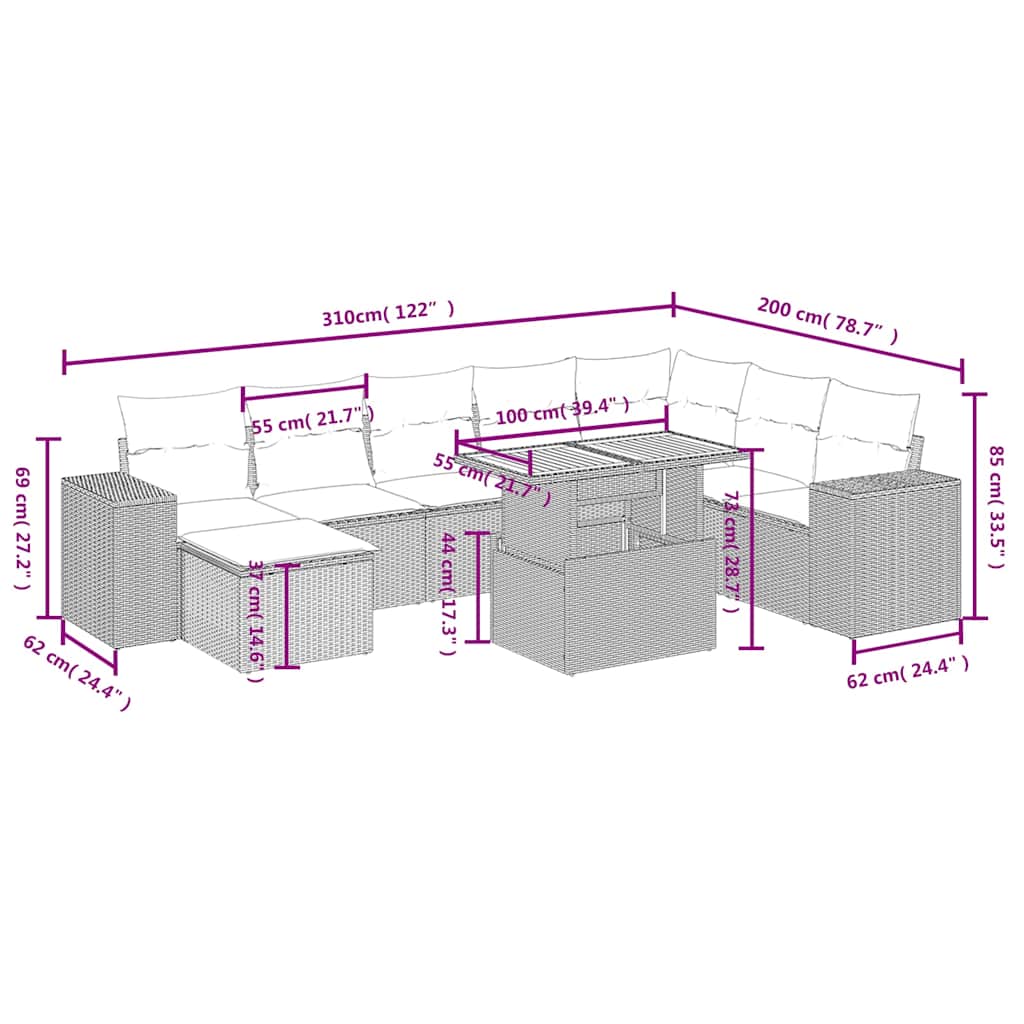 Set Divani da Giardino 9 pz con Cuscini Nero in Polyrattan | homemem39