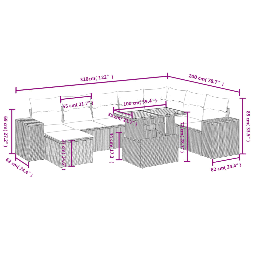 Set Divano da Giardino 9 pz con Cuscini Beige in Polyrattan | homemem39