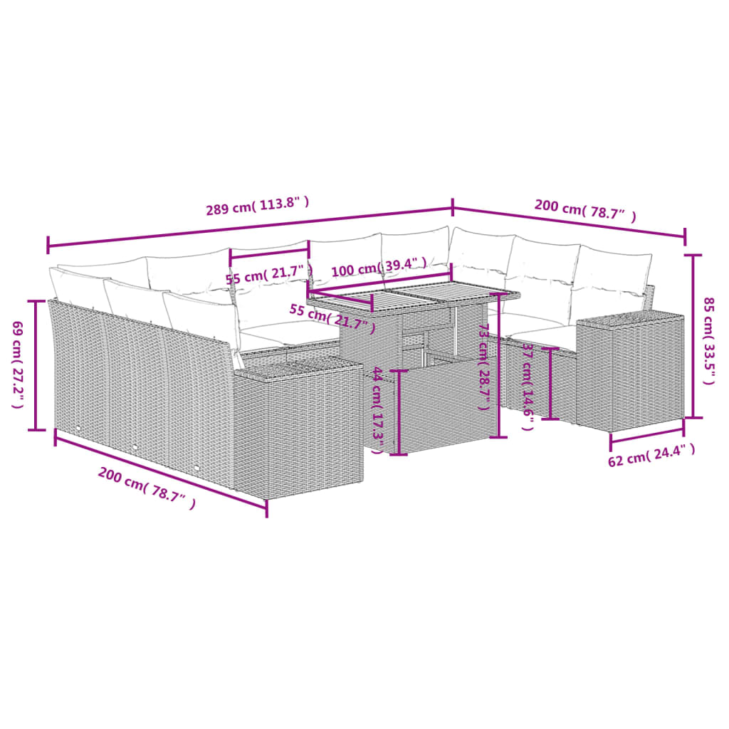 Set Divani da Giardino 10pz con Cuscini in Polyrattan Nero | homemem39