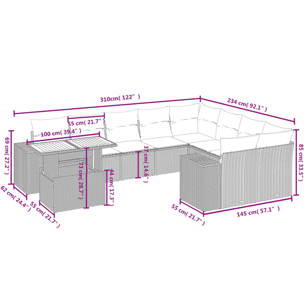 Set Divano da Giardino 10 pz con Cuscini Beige in Polyrattan | homemem39