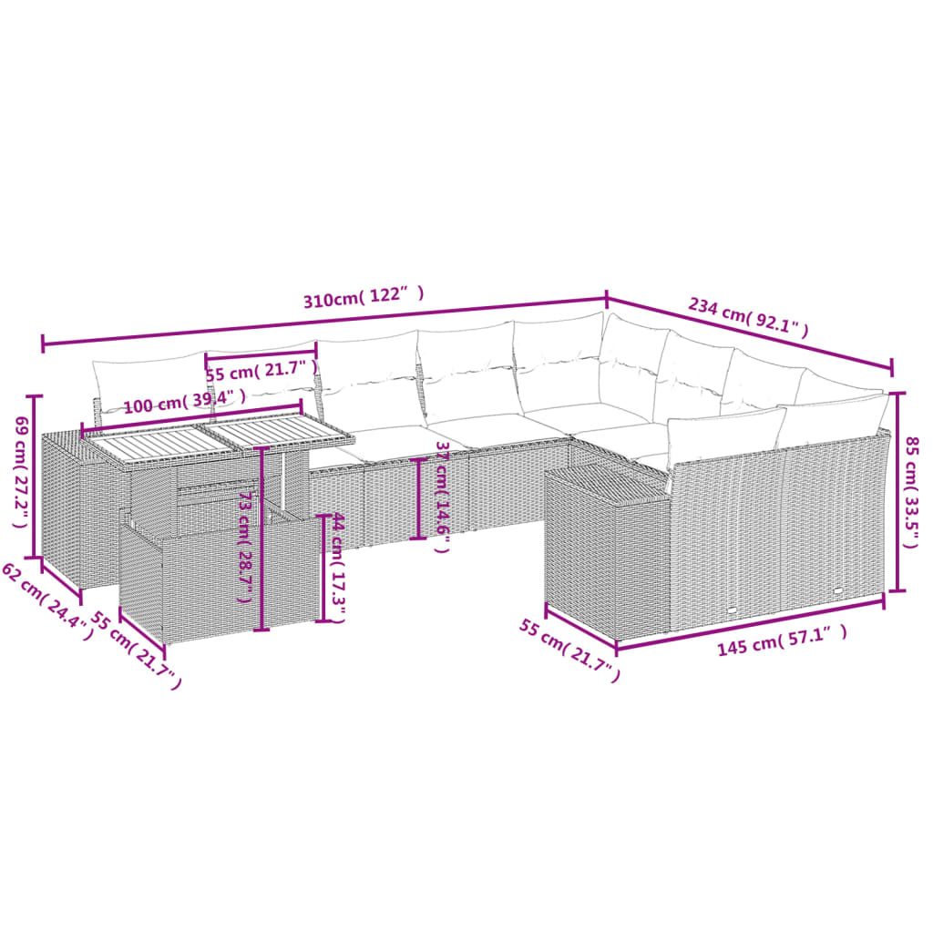Set Divano da Giardino 10 pz con Cuscini Grigio in Polyrattan | homemem39