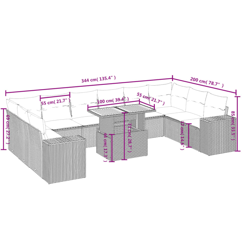 Set Divani da Giardino 11 pz con Cuscini in Polyrattan Grigio | homemem39
