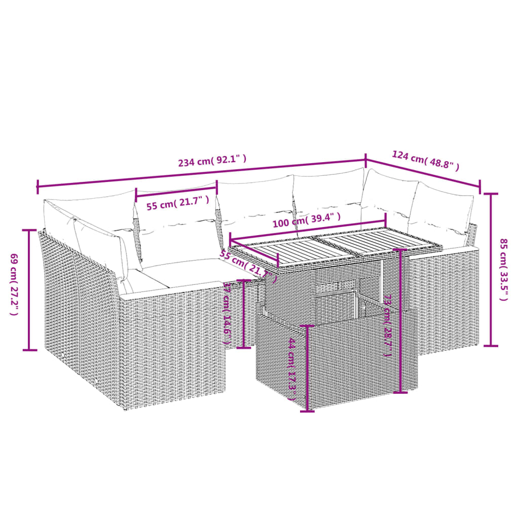 Set Divani da Giardino 7 pz con Cuscini Grigio in Polyrattan | homemem39
